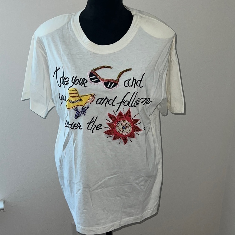 Carol Little Sport Vintage white Miami Mambo style beaded T-Shirt 100% Cotton S
